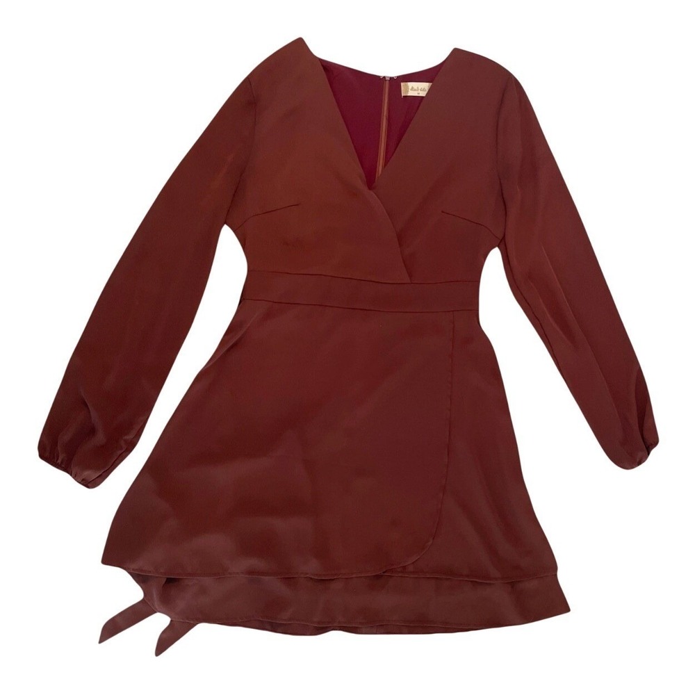 Altar'd State Mini Dress Womens Medium Burgundy Long Sleeve Ruffle V-Neck Wine‎